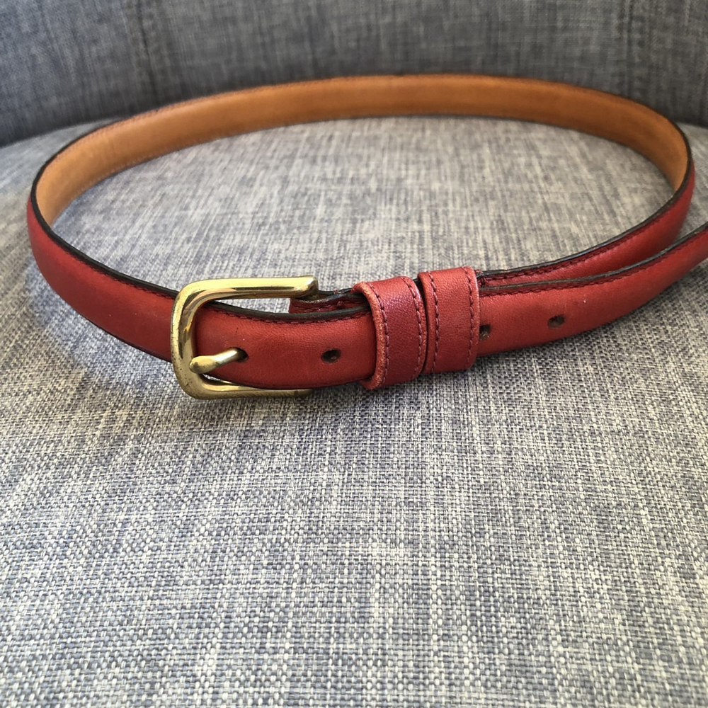 Vintage Red Glove Leather Skinny Belt Gold Brass Buckle Size Small